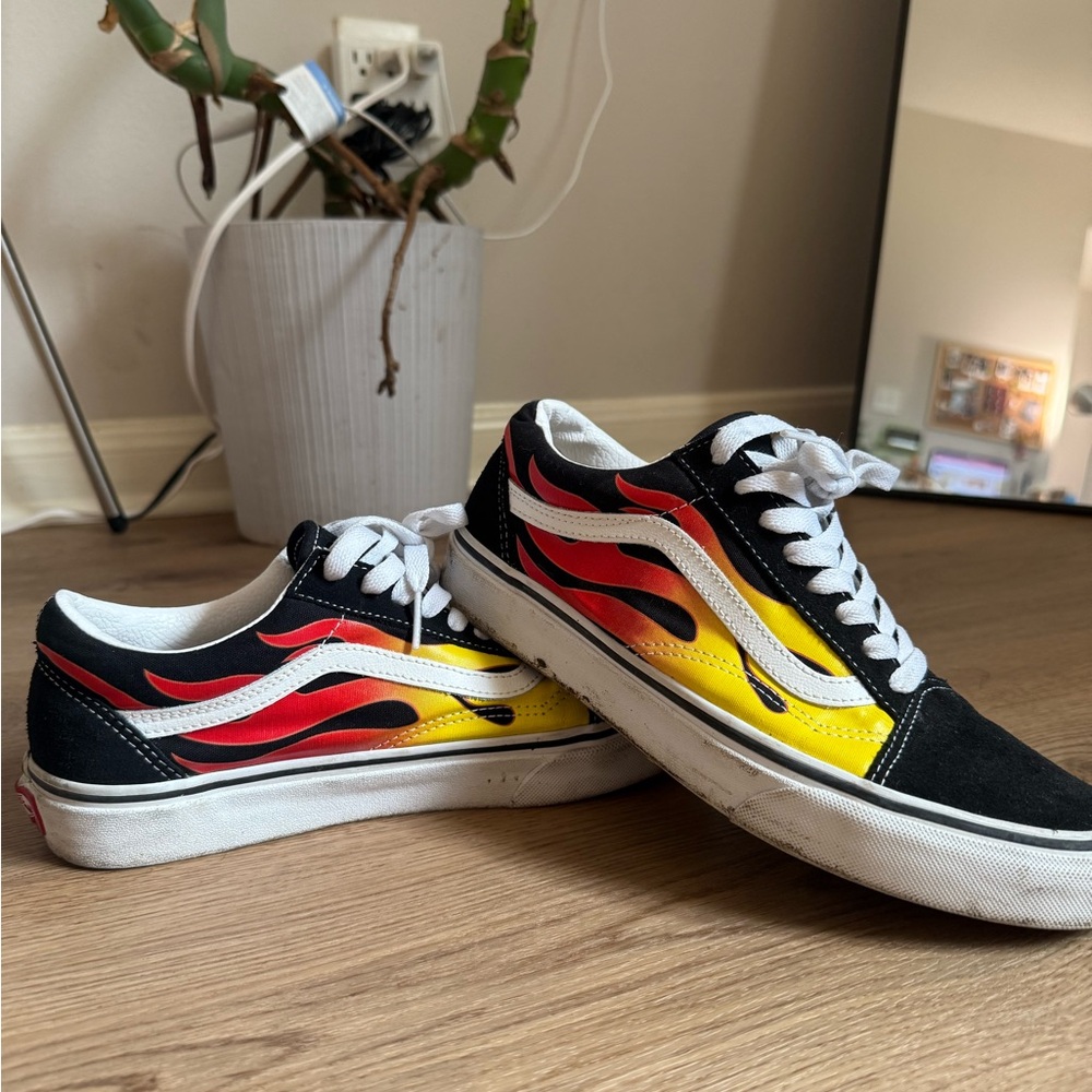 Vans Unisex Black and Yellow Flame Sneakers